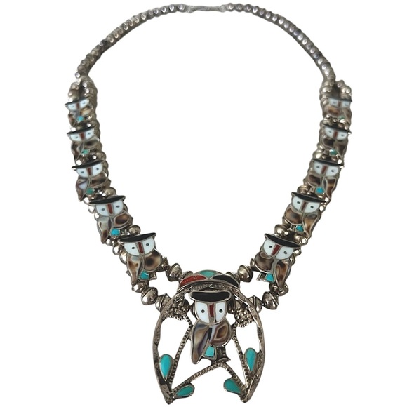 Sterling Silver Zuni Inlay Owl Squash Blossom Necklace Signed PITKIN PW NATEWA - Picture 12 of 12